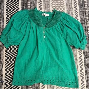 House of Harlow 1960 Green Smocked Cotton Eyelet Peasant Blouse Top Size S